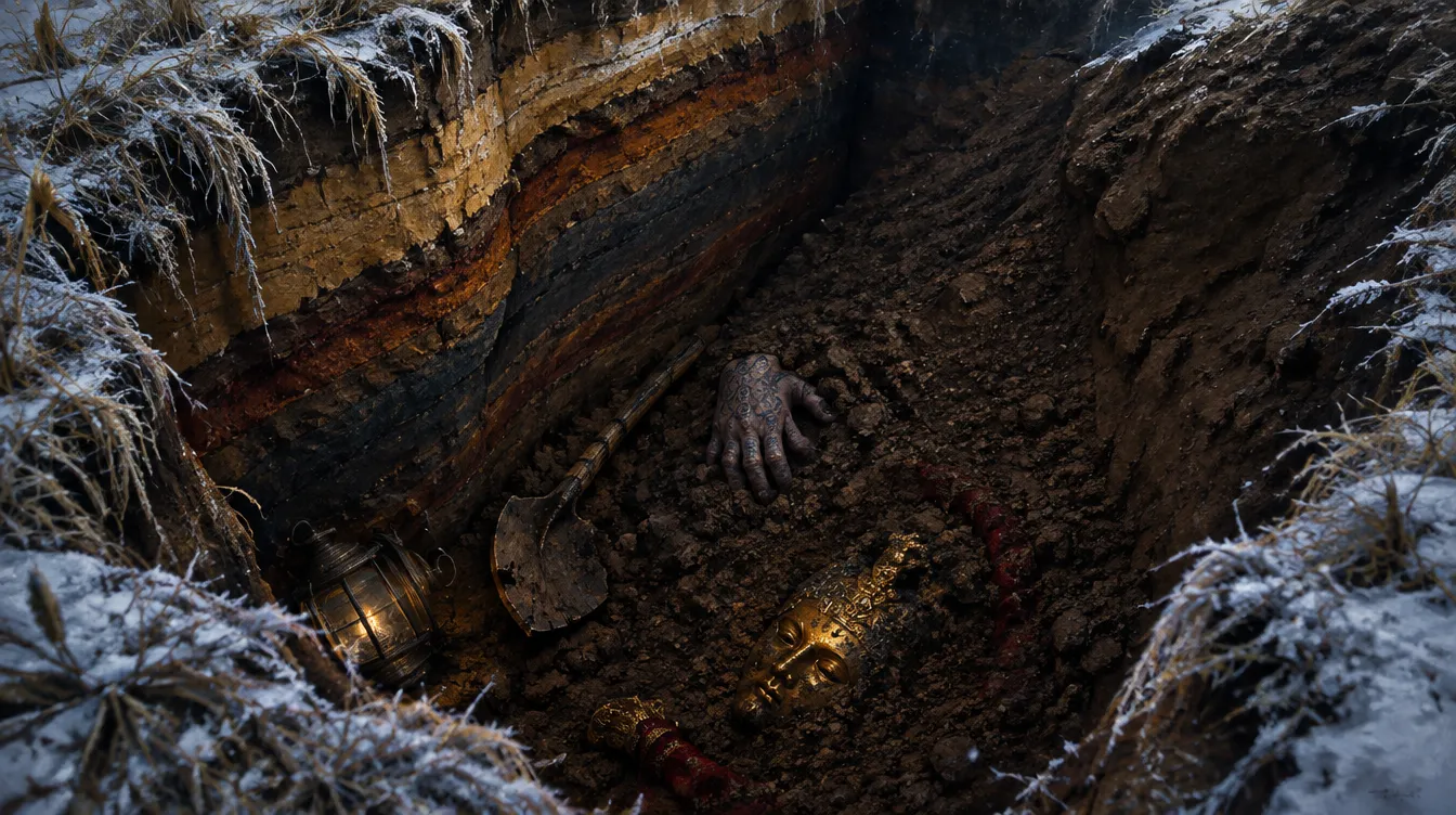 Dasar parit galian dilihat dari atas: dinding tanah berlapis runtuh, tangan bertato mencuat dari timbunan, sekop patah, lentera masih menyala, dan topeng emas setengah terkubur.