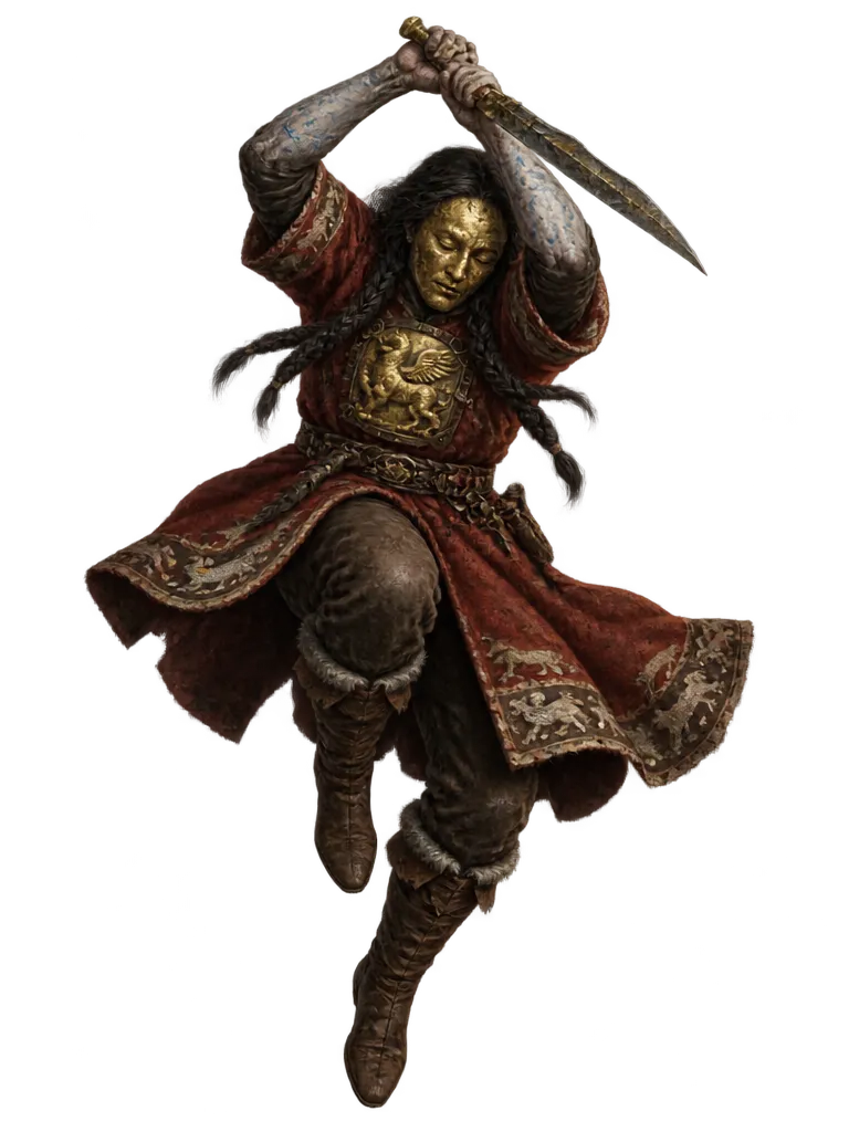 the Unburied dalam gaya Griffin: melompat dengan akinak terangkat dua tangan di atas kepala.