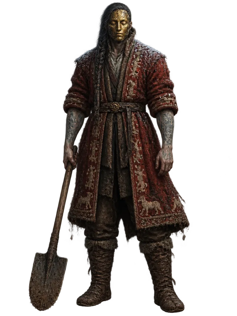 the Unburied berdiri dengan mantel kempa merah, topeng emas, lengan bertato, dan sekop di tangan kanan.